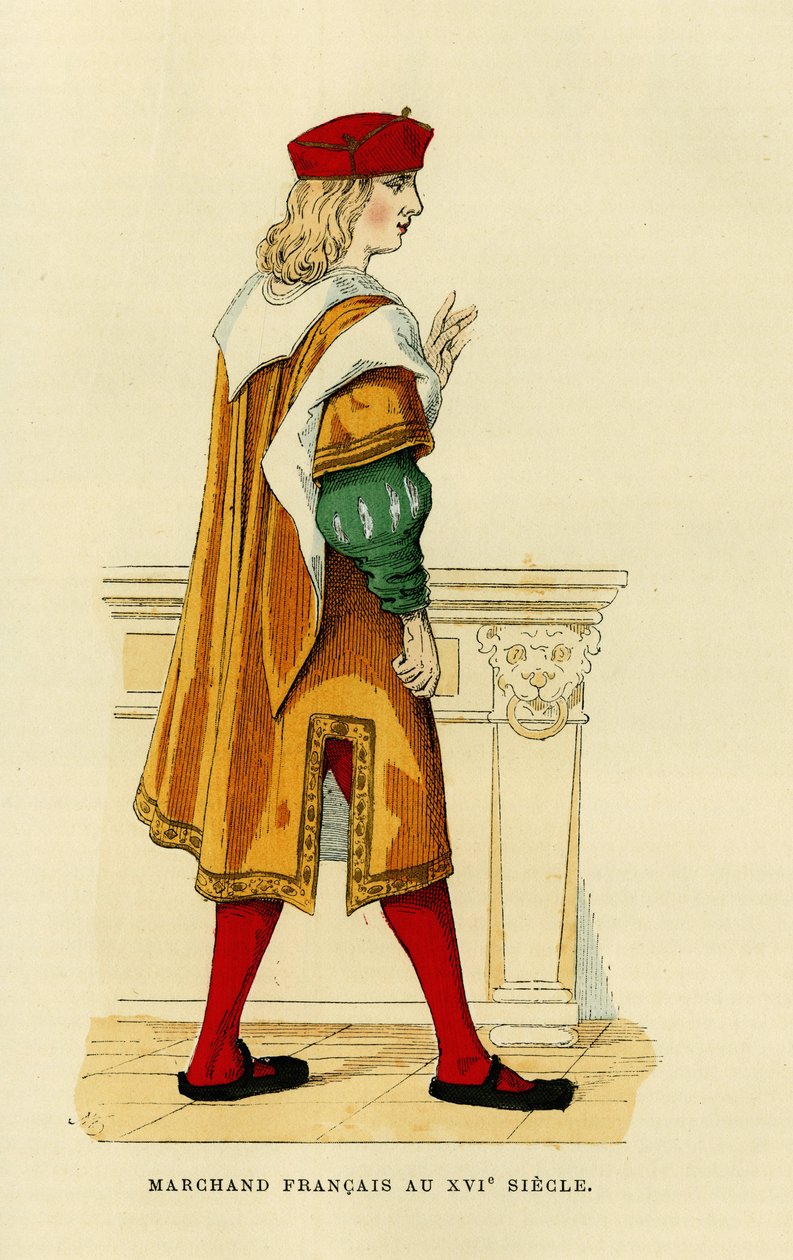 Costume di un mercante francese nel XVII secolo. Incisione a colori, in “France et les francais a travers les siecles” di Augustin Challamel, F.Roy editore, Parigi 1882. Collezione Selva. da French School