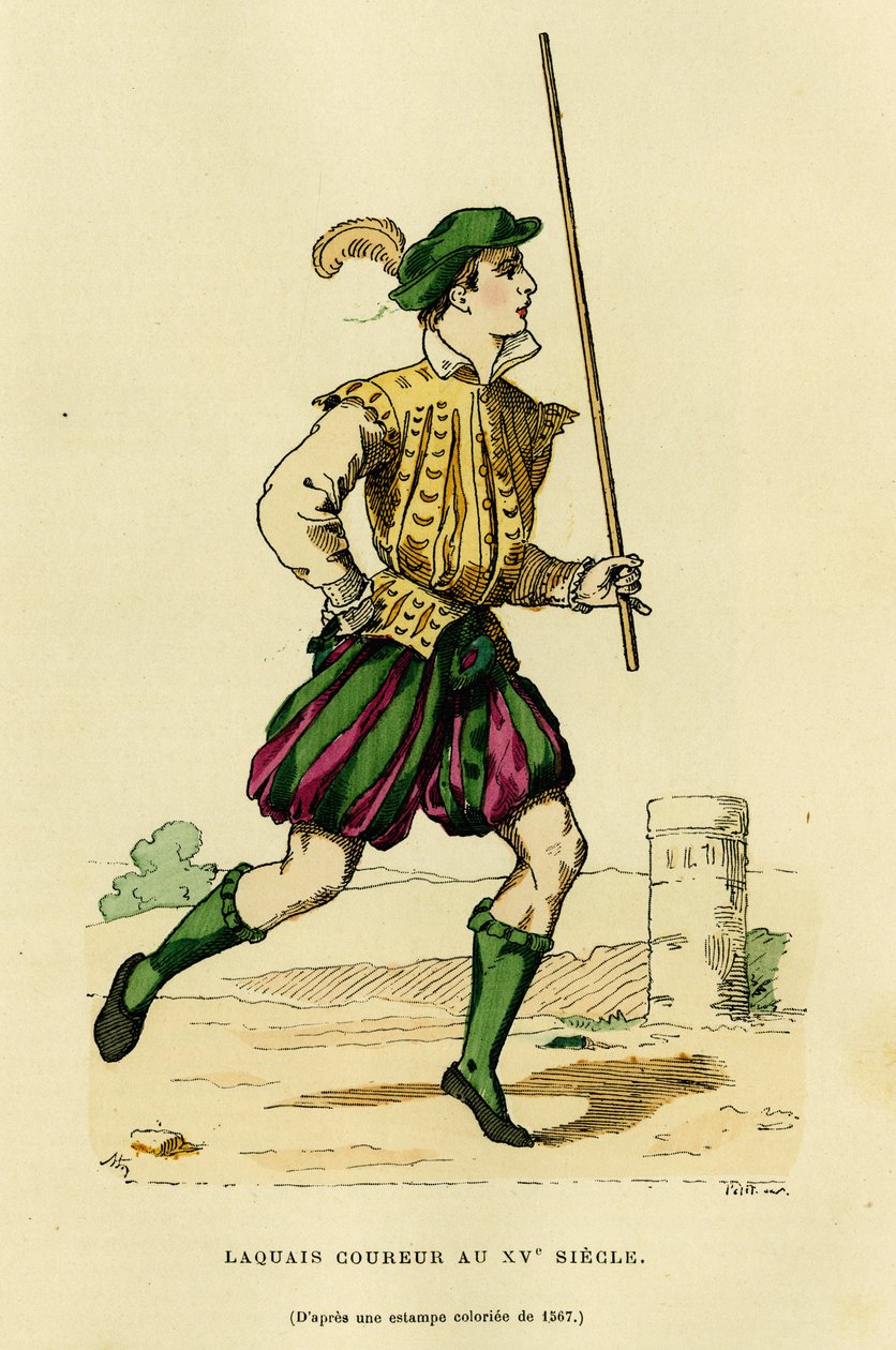 Costume del lacchè corridore nel XV secolo, incaricato di correre davanti alla carrozza per liberare la strada e annunciare il passaggio di un nobile o signore. Incisione a colori, in 