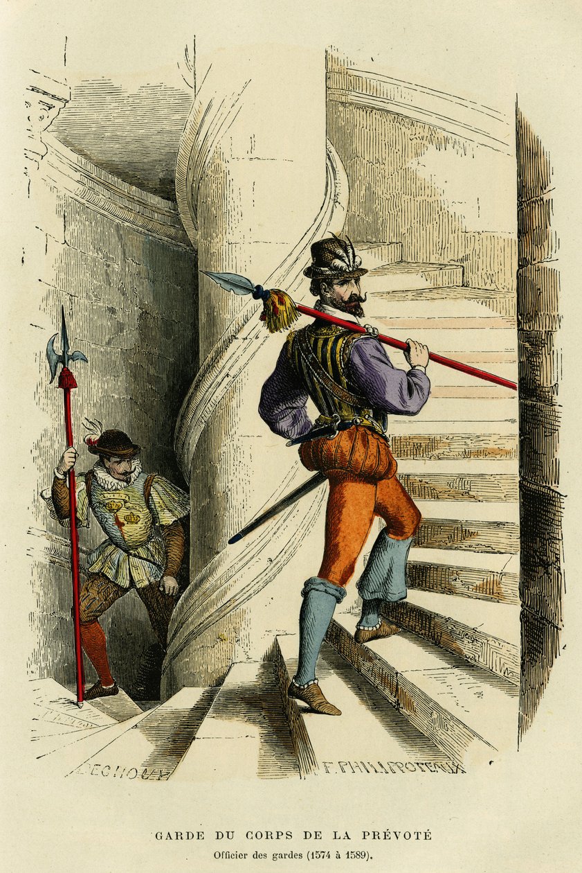 Costume della guardia del corpo del prevosto, seguito da un ufficiale delle guardie (1574-1589). Incisione a colori, in 
