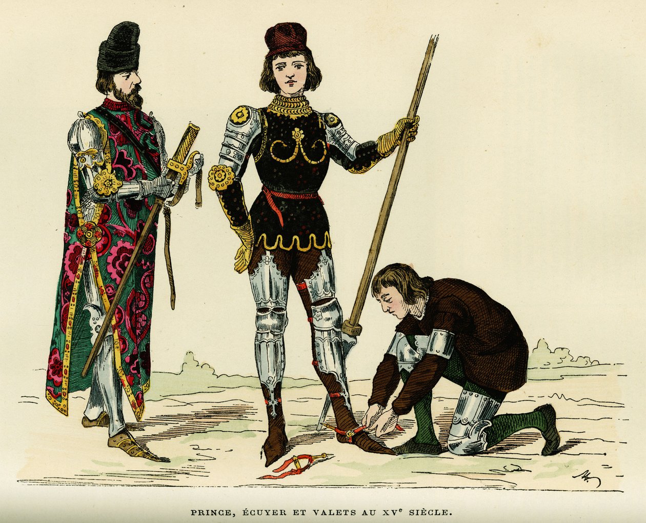Costumi del principe, del suo scudiero e del suo valletto, nel XV secolo. Incisione a colori, in 