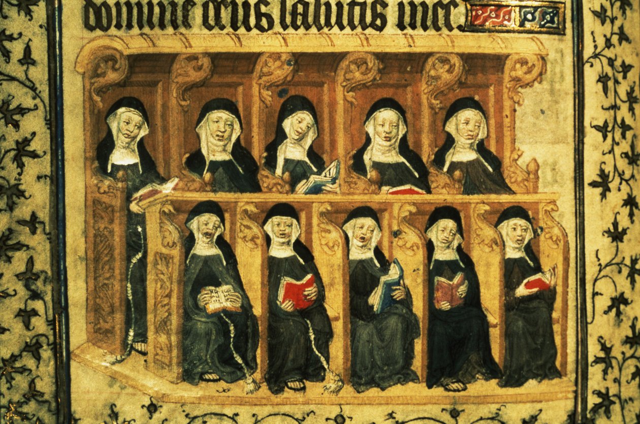 Cott Dom A XVII f.74v Suore in un coro, dal Salterio di Enrico VI, Parigi da French School