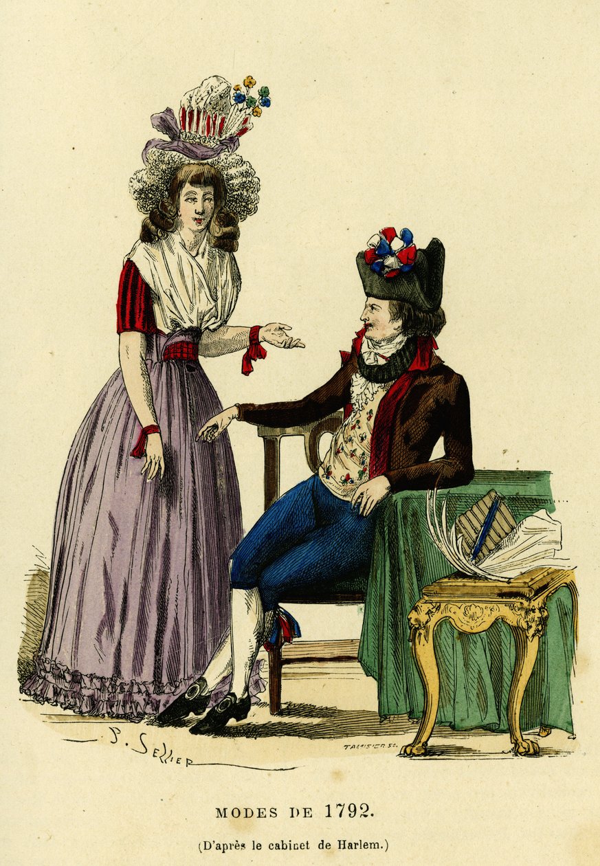 Coppia alla moda del 1792. Incisione a colori dal disegno del gabinetto di Harlem, in 