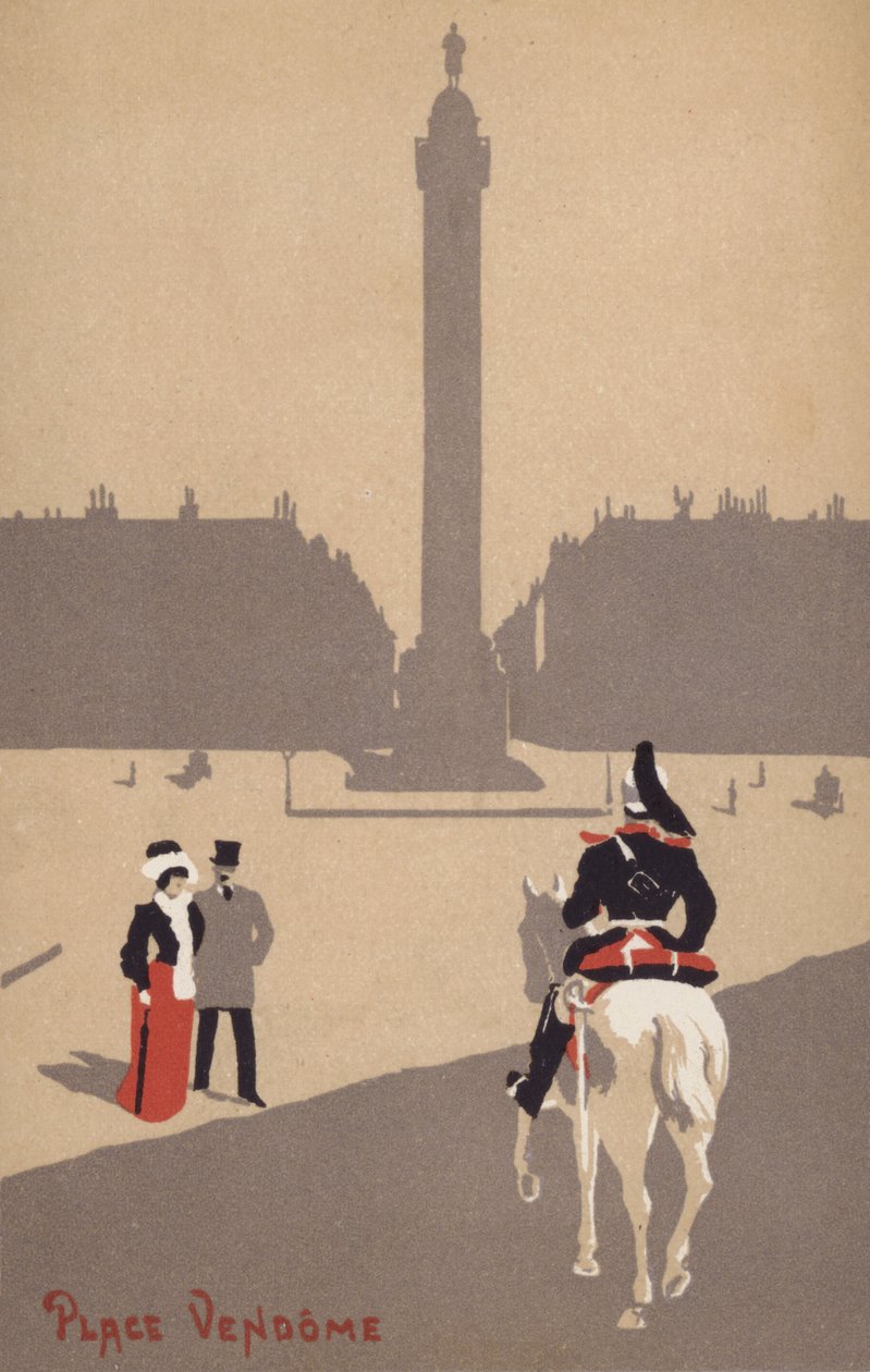 Coppia osserva un soldato della cavalleria francese a cavallo in Place Vendome, Parigi, Francia (litografia a colori) da French School