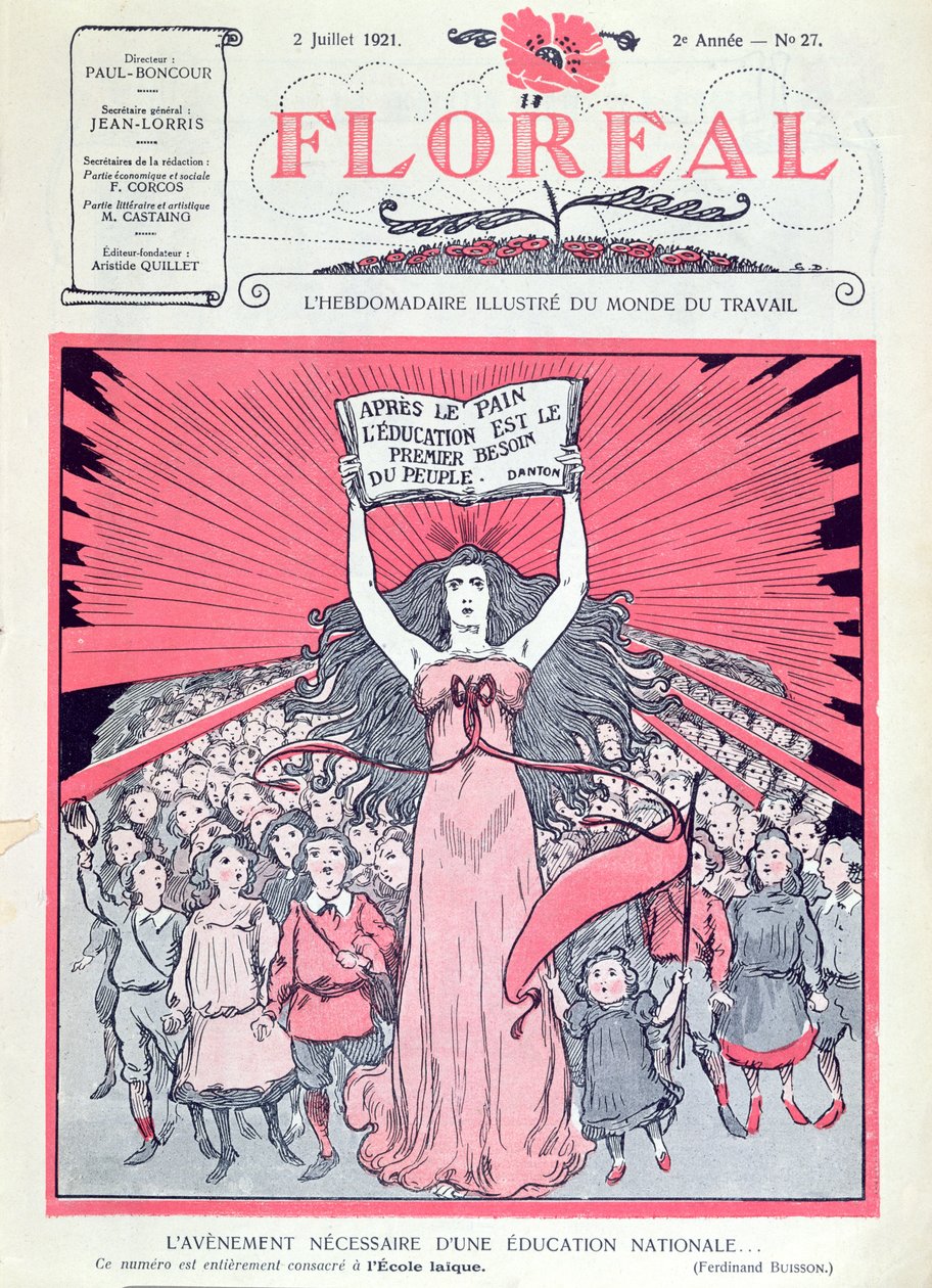 Copertina della rivista Floreal che celebra il quarantesimo anniversario delle Ecoles Laiques in Francia, 2 luglio 1921 da French School