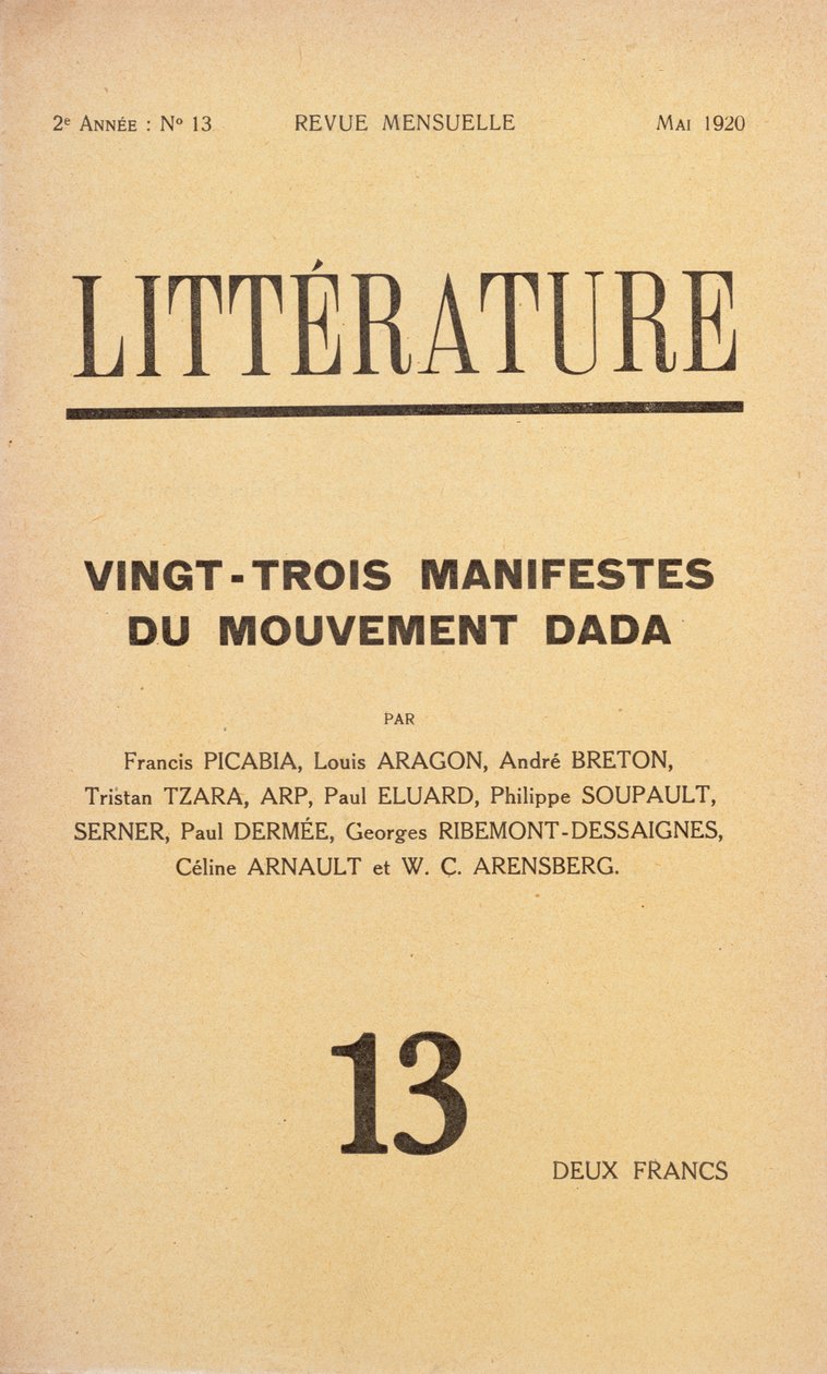 Copertina di Litterature, rivista letteraria mensile dedicata al movimento Dada, maggio 1920 da French School