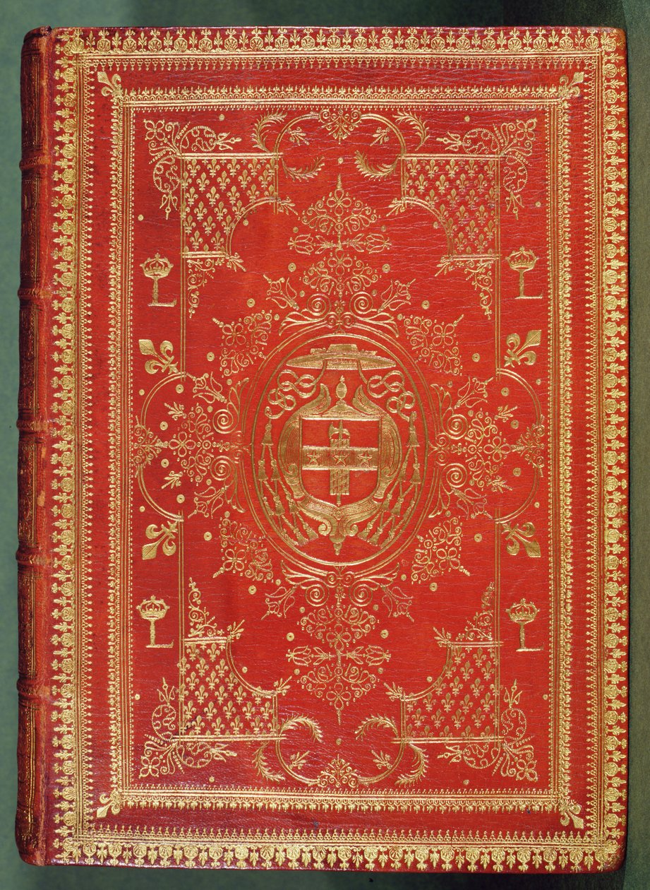 Copertina di un libro di proprietà del Cardinale Mazarin, con le finiture che mostrano le armi cardinalizie di stelle e fasci, sormontate dal galero e dalle nappe di un cardinale da French School