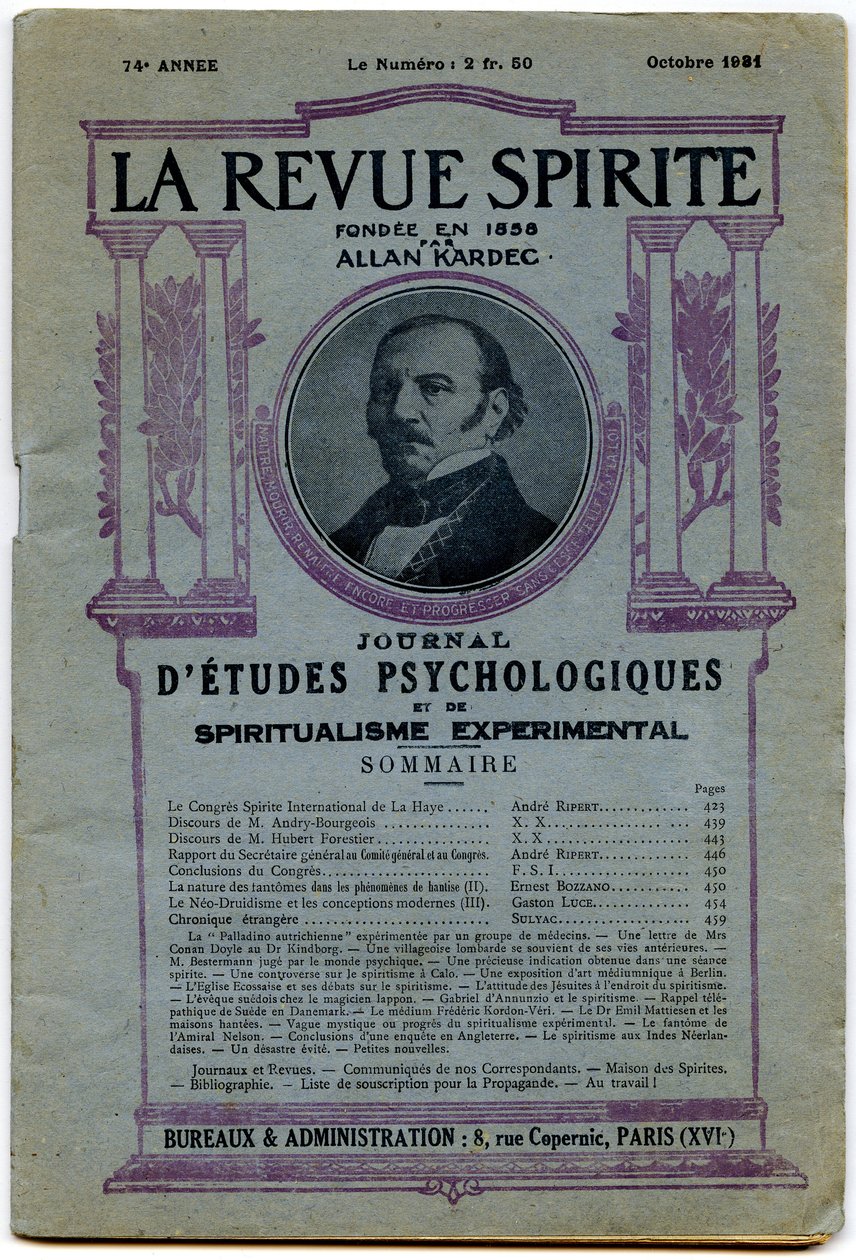 Copertina di un numero di "La revue spirite", ritratto del fondatore Allan Kardec, rivista di ottobre 1931 da French School