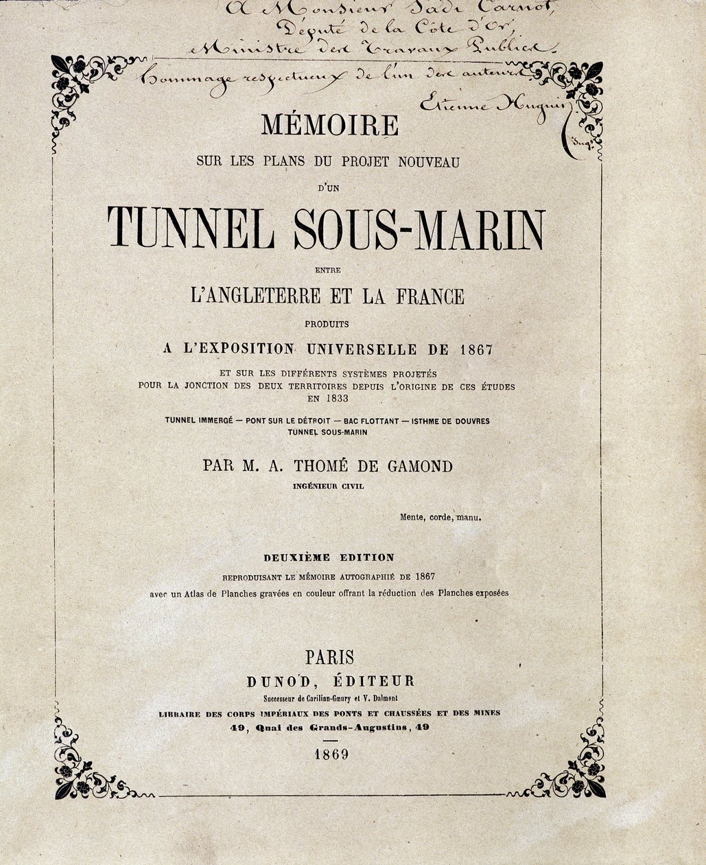 Copertina del “Memoria sui piani del nuovo progetto di un Tunnel Sottomarino tra Inghilterra e Francia presentato all