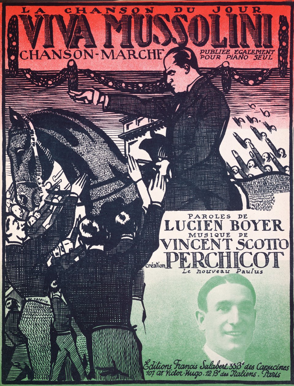 Copertina dello spartito di Viva Mussolini di Vincent Scotto (1876-1952) e Lucien Boyer, anni 1920 da French School