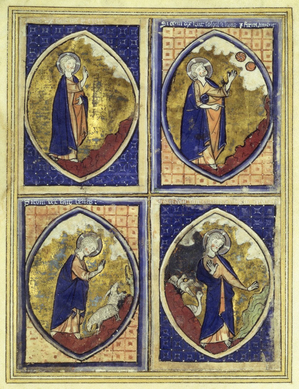 Creazione del firmamento, creazione del sole e della luna, creazione degli animali, creazione degli uccelli, fine XIII secolo da French School