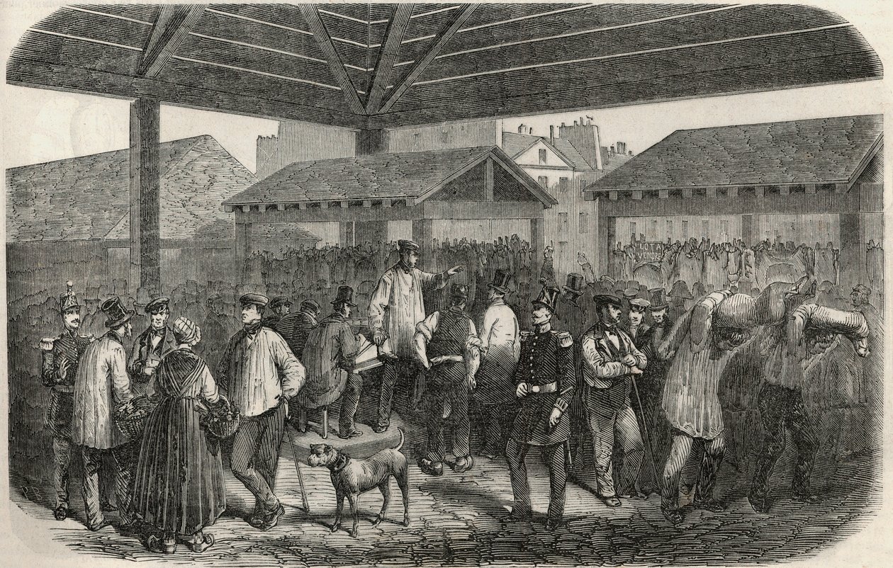 Grido della carne da macelleria al mercato di rue des Prouvaires nel I arrondissement di Parigi - Incisione in "Tableau-de-Paris" di Edmond Texier 1852 da French School
