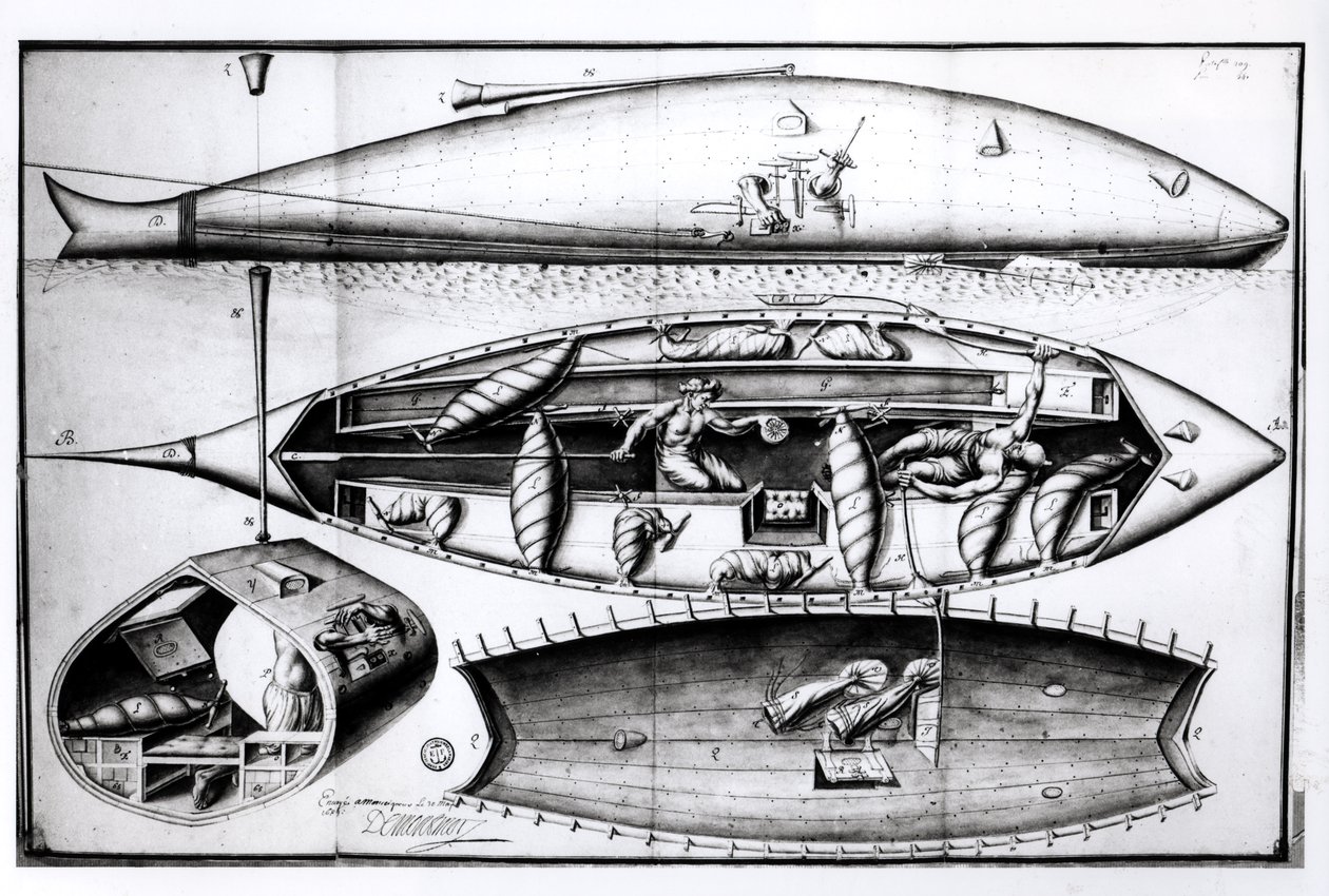 Sezione trasversale di un sottomarino, da un manoscritto, marzo 1689 da French School