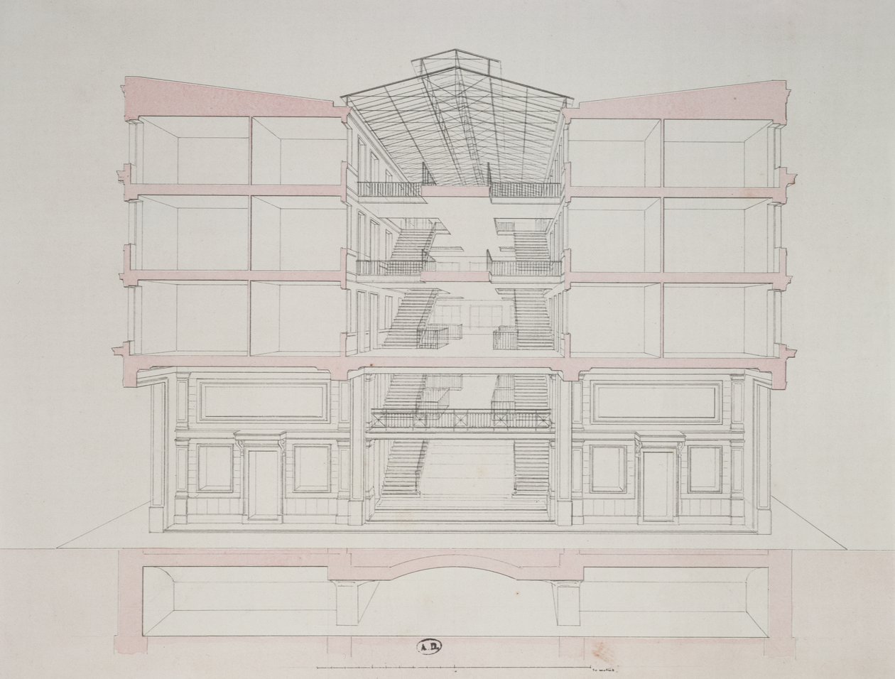 Sezione trasversale di una casa nello sviluppo abitativo di Napoleone, 58 rue Rochechouart, Parigi, 1849 da French School