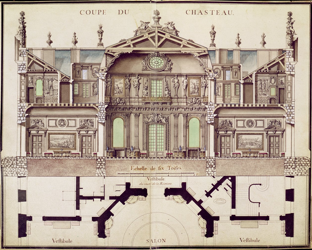 Piano in sezione del Castello di Marly, 1714 da French School