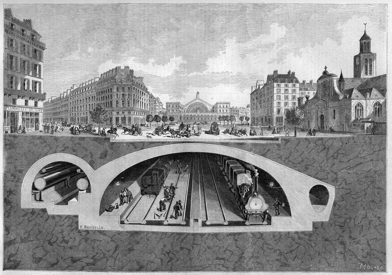 Sezione trasversale che rappresenta il progetto della ferrovia sotterranea a Parigi, dalla Villette alle halles centrali, nel 1861. Incisione in 