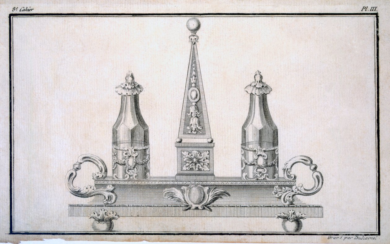 Set di oliere su supporto, da un libro di modelli di disegni di metalli neoclassici di Duhamel, c.1770-80 da French School