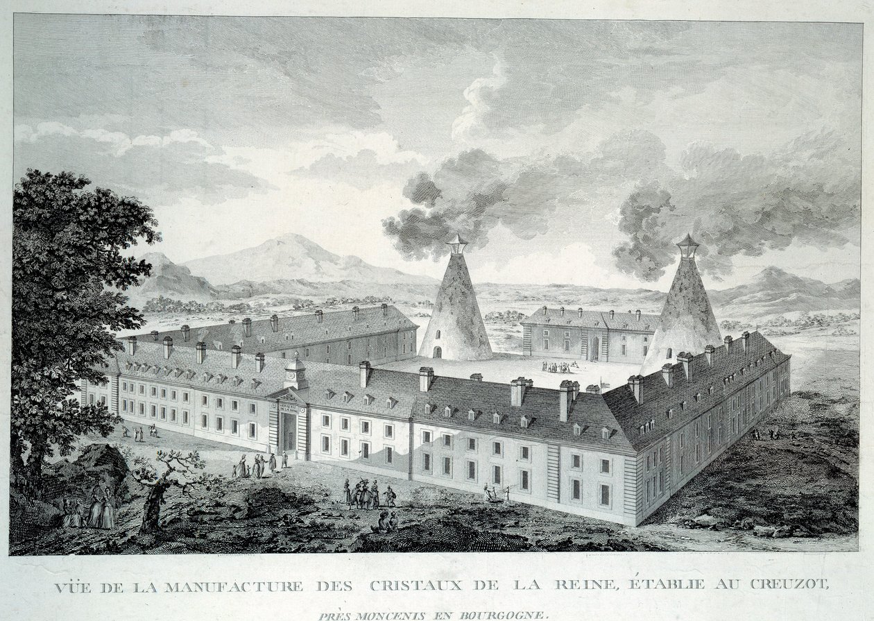 Opere di cristallo della regina Maria Antonietta a Creusot vicino a Moncenis in Borgogna. Incisione del 1787. Le Creusot, Ecomuseo da French School