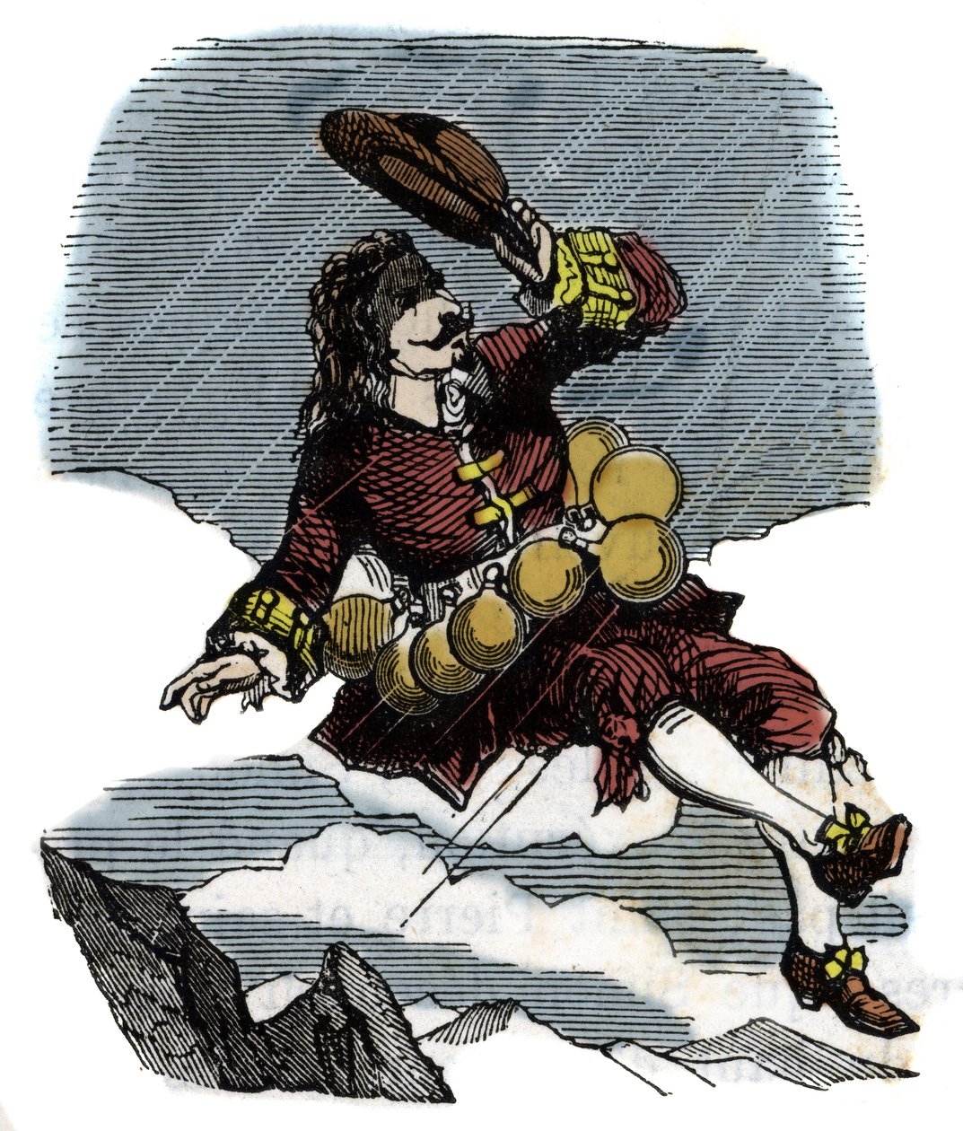 Cyrano de Bergerac sale in cielo grazie a fiale di rugiada e viaggia sulla luna, illustrazione del romanzo di Hercules Savinien Cyrano de Bergerac (1619-1655): "L