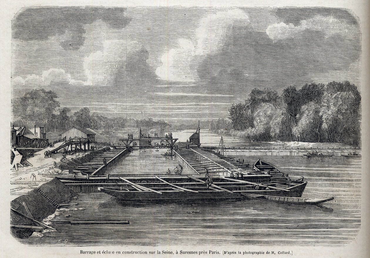 Diga esplosa sulla Senna a Suresnes nel 1866 - Incisione - Le Monde Illustré 1866 da French School