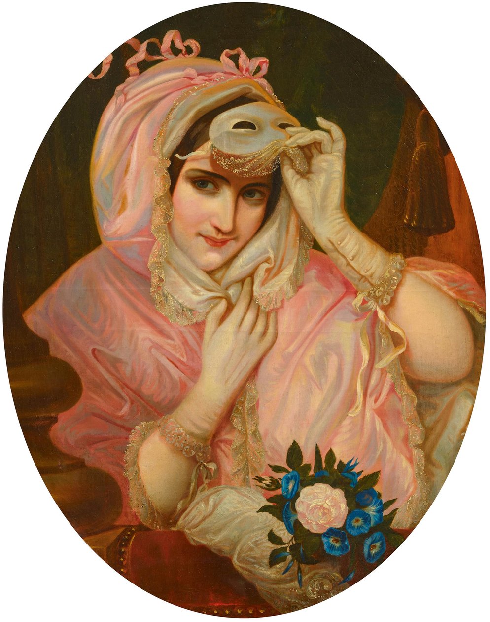 Signora con maschera in abito rosa F19Jh da French School