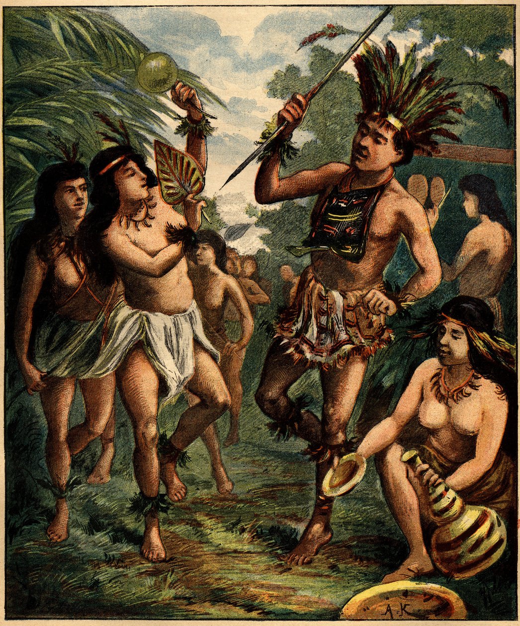 Danza degli indiani Roucouyan nei Caraibi. Incisione in 