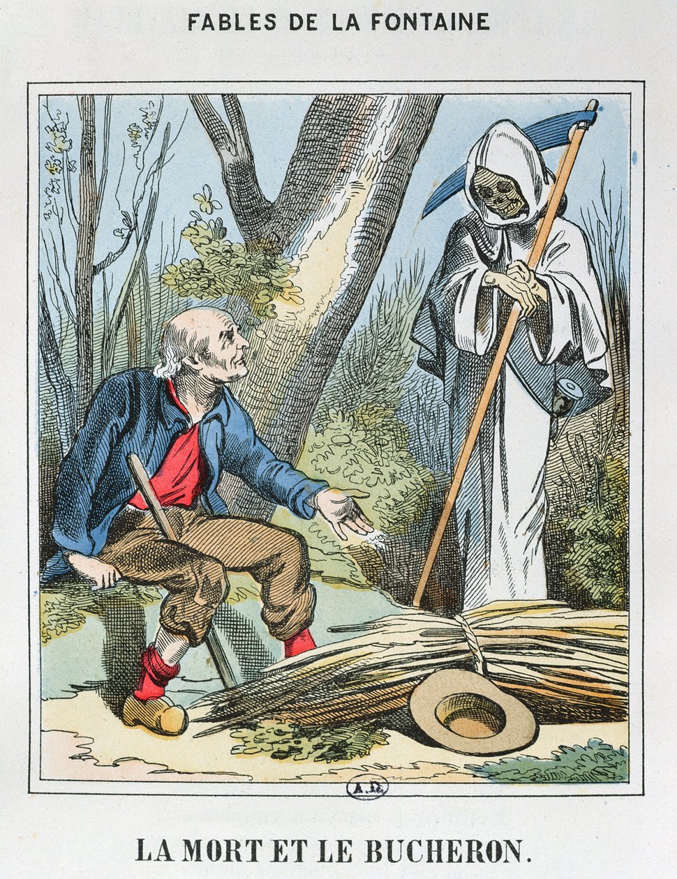 La Morte e il Boscaiolo (incisione colorata) da French School