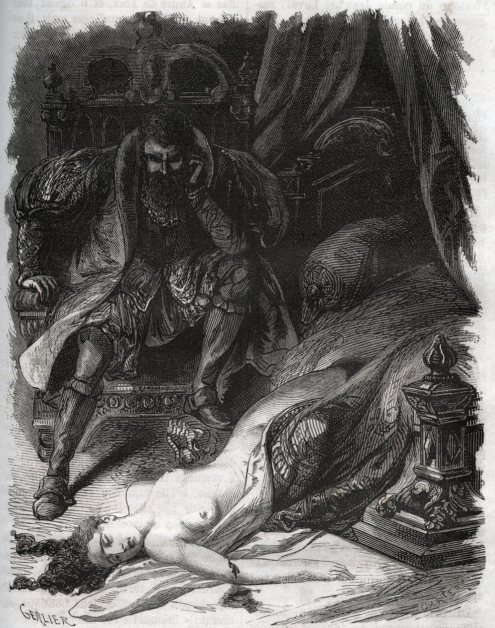 Morte di Françoise de Foix, Contessa di Chateaubriant (ca. 1495-1537), assassinata dal marito Jean de Laval Conte di Chateaubriant (Laval-Chateaubriant) (1486-1543), che così si vendicò delle infedeltà della moglie. Incisione del 1871 in "Histoire Des da French School