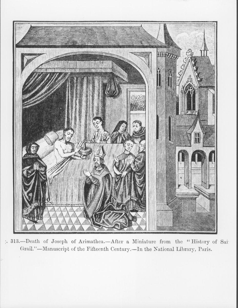Morte di Giuseppe di Arimatea, dalla Storia del Santo Graal, illustrazione da Scienza e Letteratura nel Medioevo e nel Rinascimento, scritto e inciso da Paul Lacroix, 1878 da French School
