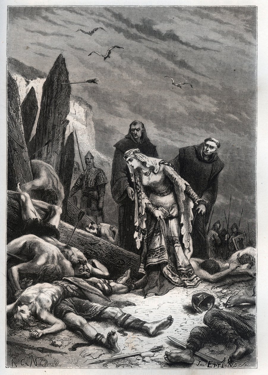 Morte del re Harold II (1022-1066) nella Battaglia di Hastings nel 1066 - Edith Swannesha (Swanneck), conosciuta come Edith la Giusta (1025-1086) scopre il corpo del marito da French School