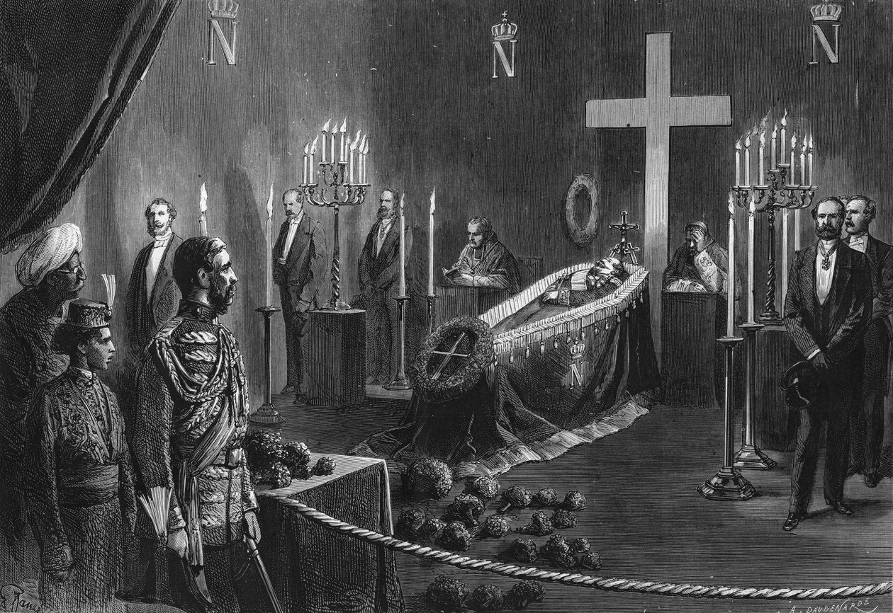 Morte di Napoleone III: i resti di Napoleone III nella cappella ardente di Cambden House il 14 febbraio 1873 da French School