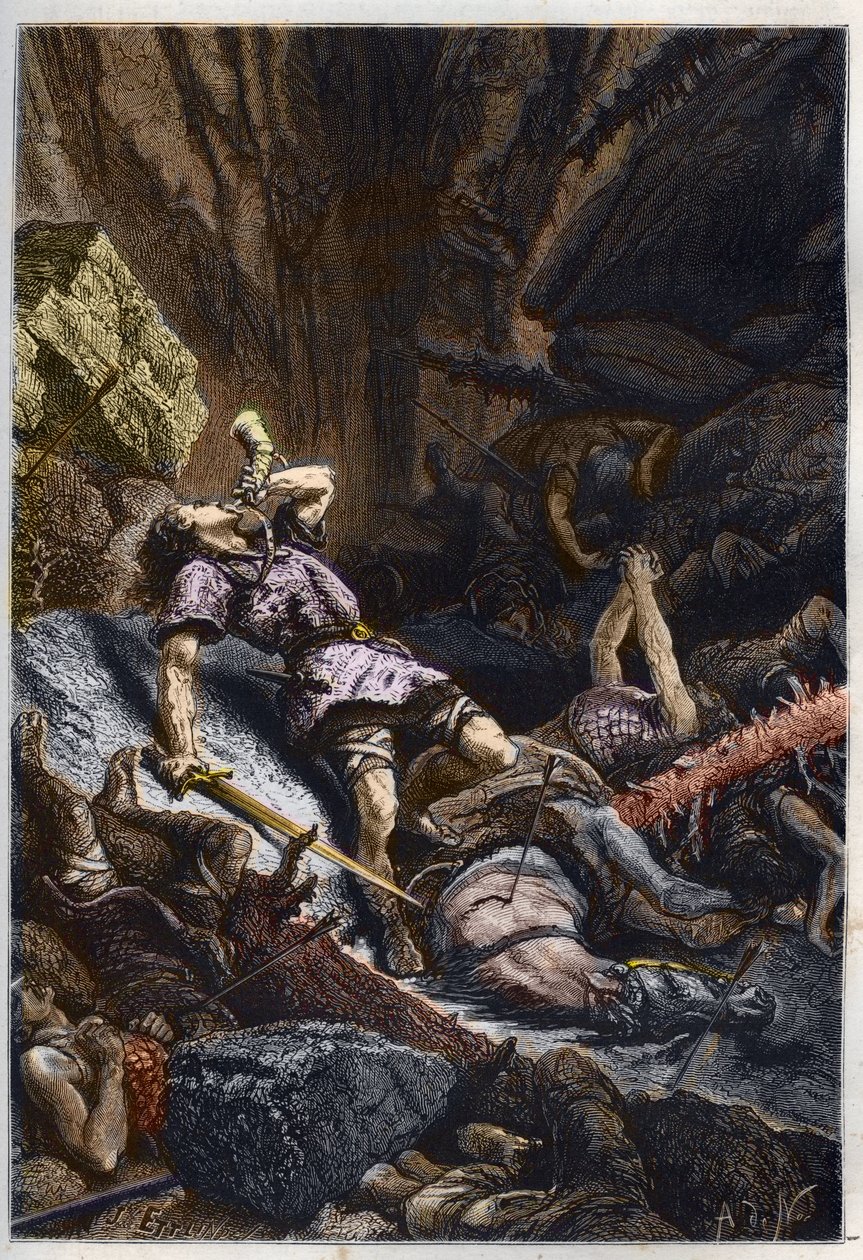 Morte del cavaliere Rolando, nipote di Carlo Magno, nella battaglia di Roncisvalle (778) contro l