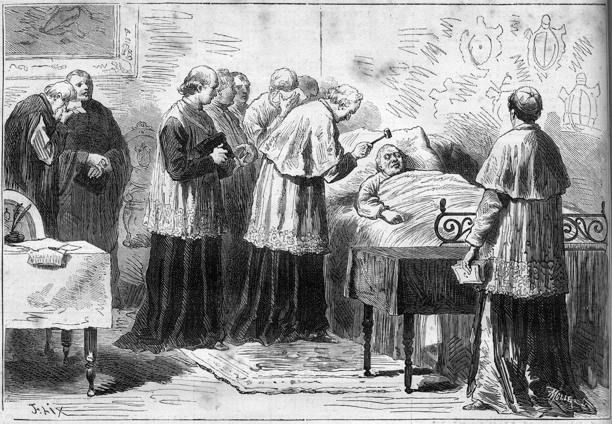 Decesso di Papa Pio IX (1792-1878): rituale del riconoscimento della morte del Papa. Un cardinale colpisce la fronte del defunto con un martello d