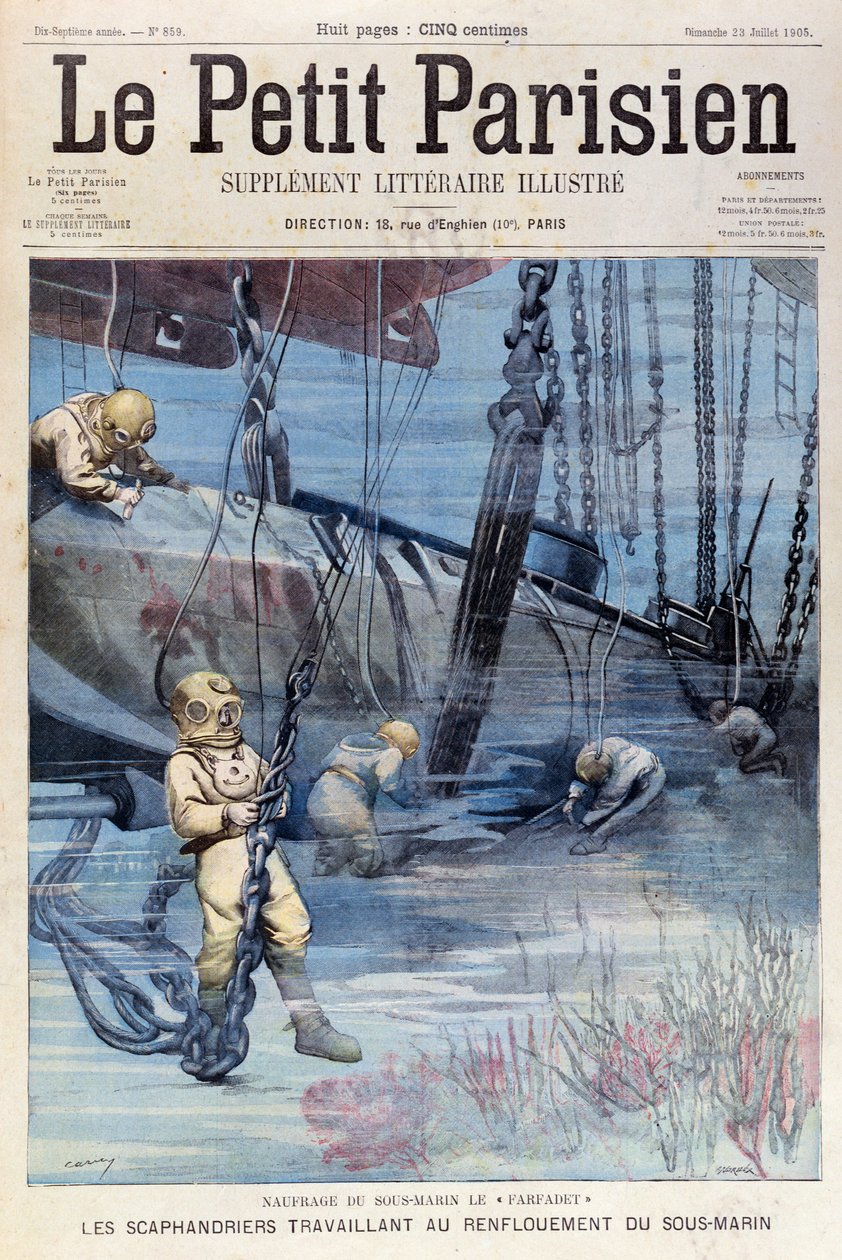 Subacquei che tentano di sollevare il Farfadet, da Le Petit Parisien, 23 luglio 1905 da French School