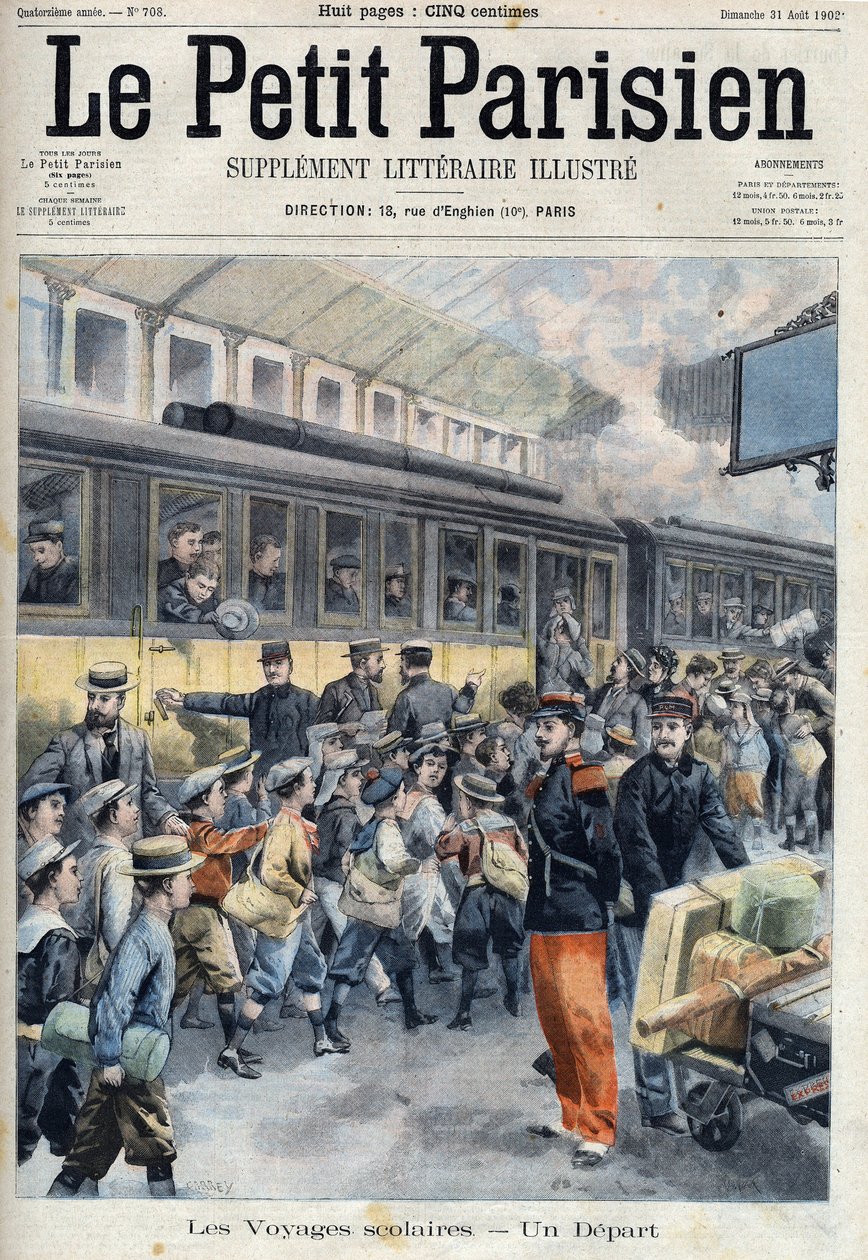 Partenza alla stazione per una gita scolastica. I bambini salgono sul treno, in "Le petit Parisien" da French School