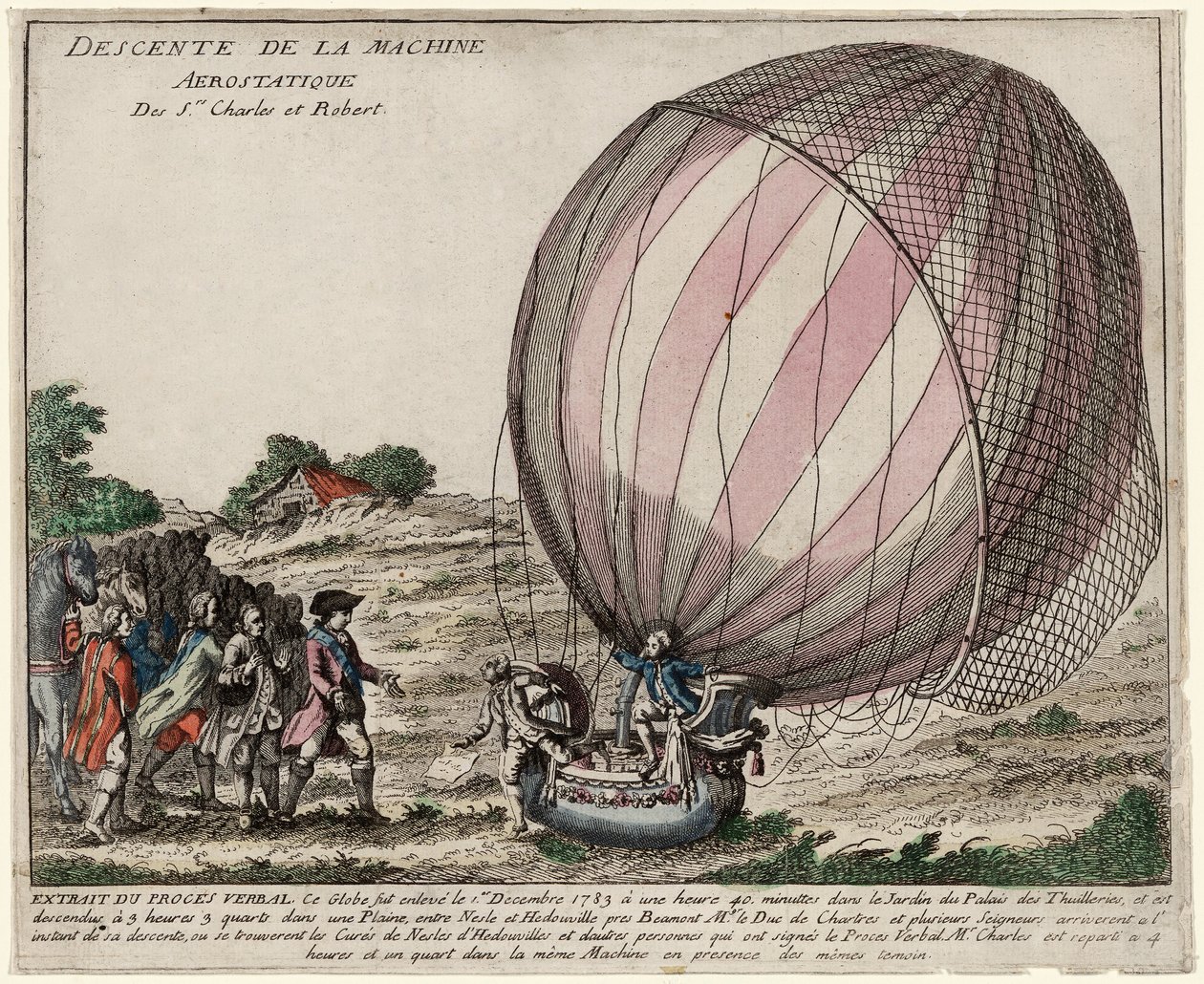 Discesa della Macchina Aerostatica dei Sigg. Charles e Robert, pub. 1783 (incisione colorata a mano) da French School