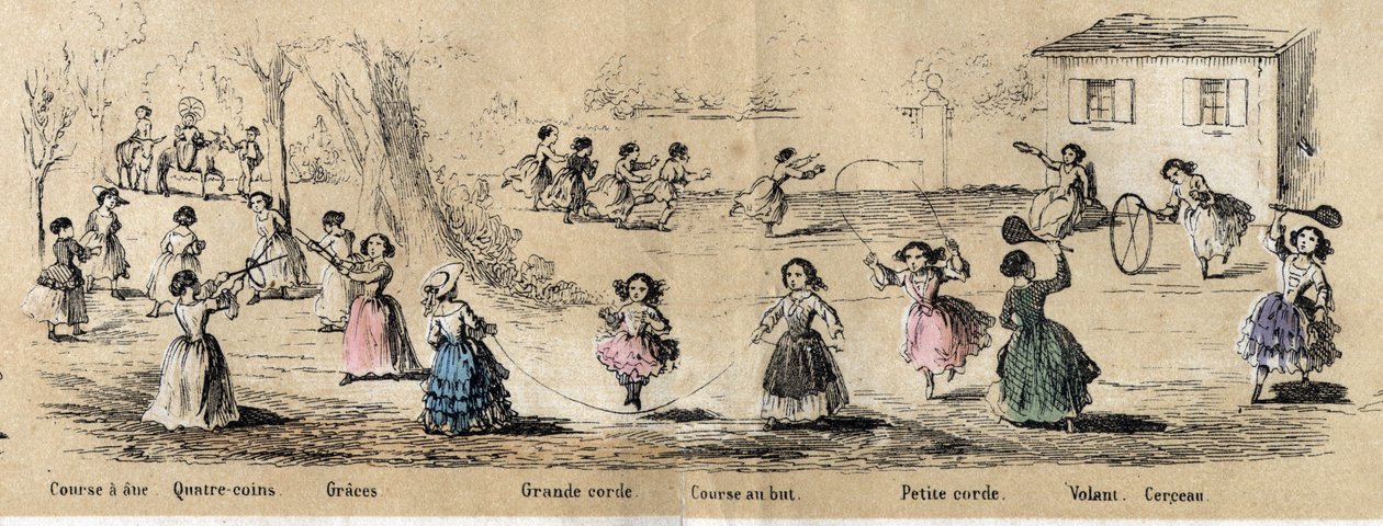 Descrizione dei passatempi e giochi dei bambini: giochi delle bambine, gioco dei quattro angoli, salto della corda, corsa per il traguardo, cerchio e volante. Tavola "I giochi dell