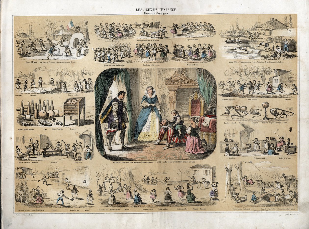 Descrizione dei passatempi e giochi dei bambini: al centro il re Enrico IV (1553-1610) che gioca con i suoi figli (probabilmente Luigi XIII ed Elisabetta di Francia) davanti all