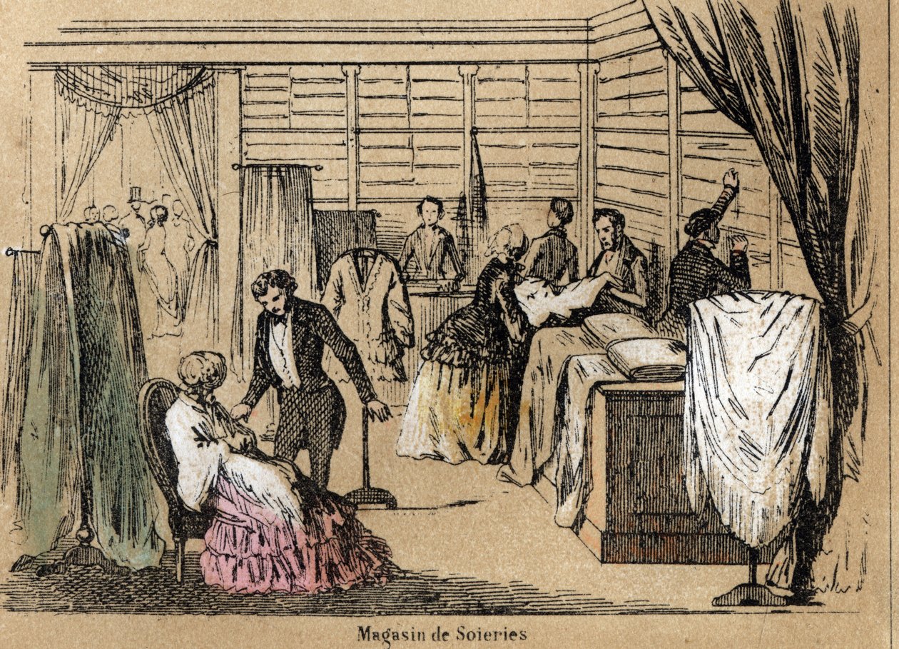 Descrizione della cultura e dei prodotti della seta: un negozio di seta. Tavola "La seta" in "Le ricreazioni istruttive". Dipinto sinottico di Jules Delbruck, incisione del 1860. da French School