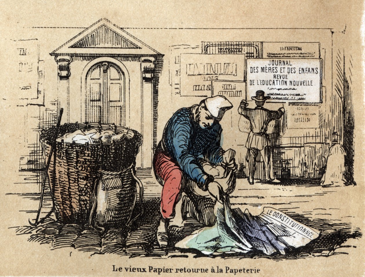 Descrizione dei diversi prodotti e usi della carta: la raccolta di vecchia carta per diventare di nuovo straccio. Tavola "La carta e i suoi prodotti" in "Le ricreazioni istruttive". Dipinto sinottico di Jules Delbruck, incisione del 1860. da French School