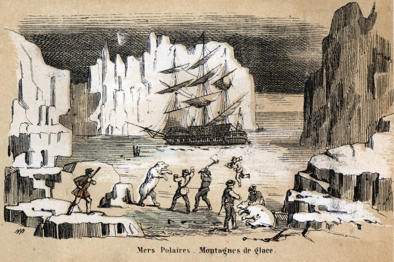 Descrizione dei diversi tipi di paesaggi e rilievi secondo la geografia: dettaglio raffigurante un paesaggio artico con orsi polari e iceberg. Tavola "Geografia fisica" in "Le ricreazioni istruttive". Dipinto sinottico di Jules Delbruck. da French School