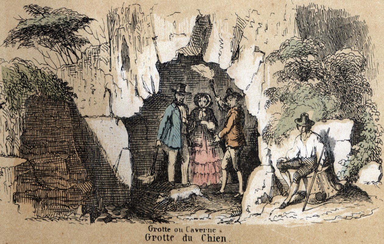 Descrizione dei diversi tipi di paesaggi e rilievi secondo la geografia: dettaglio raffigurante visitatori nella grotta del cane. Tavola "Geografia fisica" in "Le ricreazioni istruttive". Dipinto sinottico di Jules Delbruck, incisione del 1860. da French School