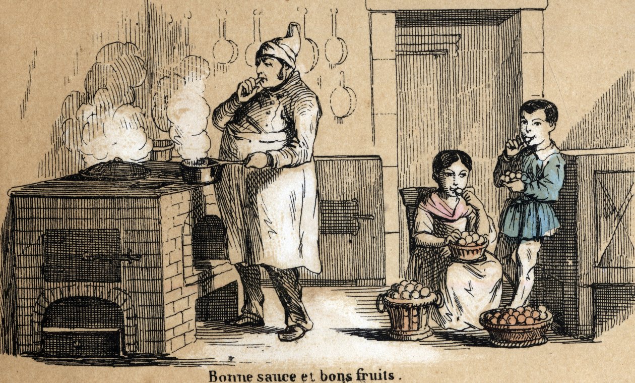 Descrizione dei cinque sensi: dettaglio del gusto, un cuoco assapora la sua salsa e bambini che mordono frutta. Tavola 