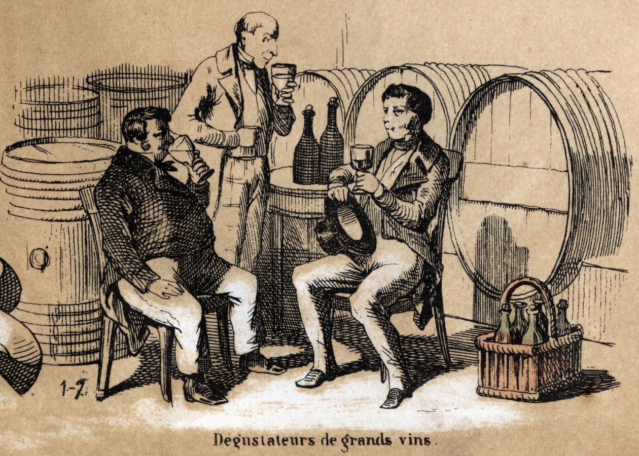 Descrizione dei cinque sensi: dettaglio del gusto, i degustatori di vini pregiati sviluppano il palato assaporando bicchieri in una cantina da French School