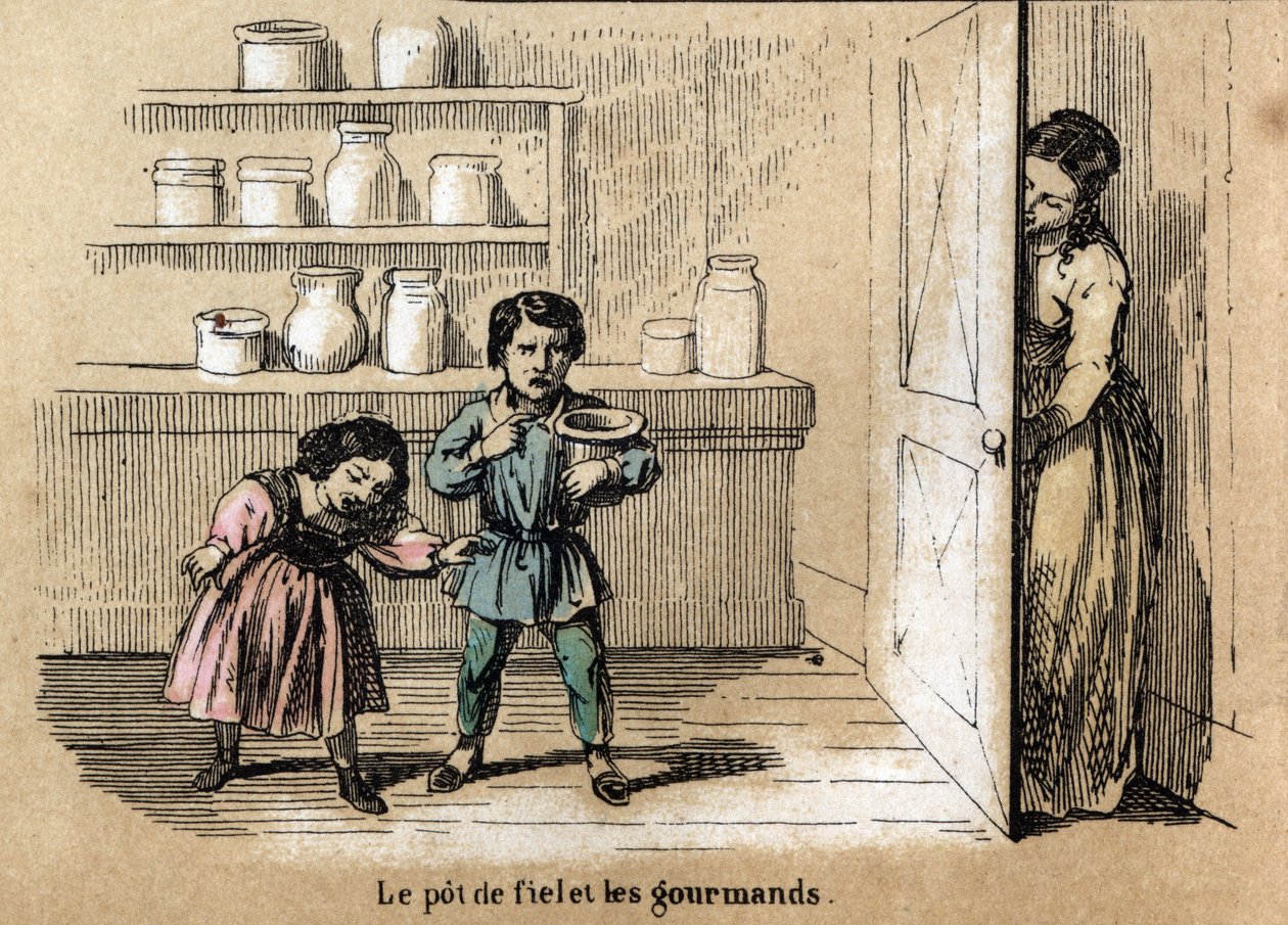 Descrizione dei cinque sensi: dettaglio del gusto, due bambini golosi sorpresi dalla madre che nasconde un vaso dal sapore amaro tra gli altri barattoli di zucchero. Tavola "I cinque sensi" in "Le ricreazioni istruttive". Dipinto sinottico di Jules Delbruc da French School