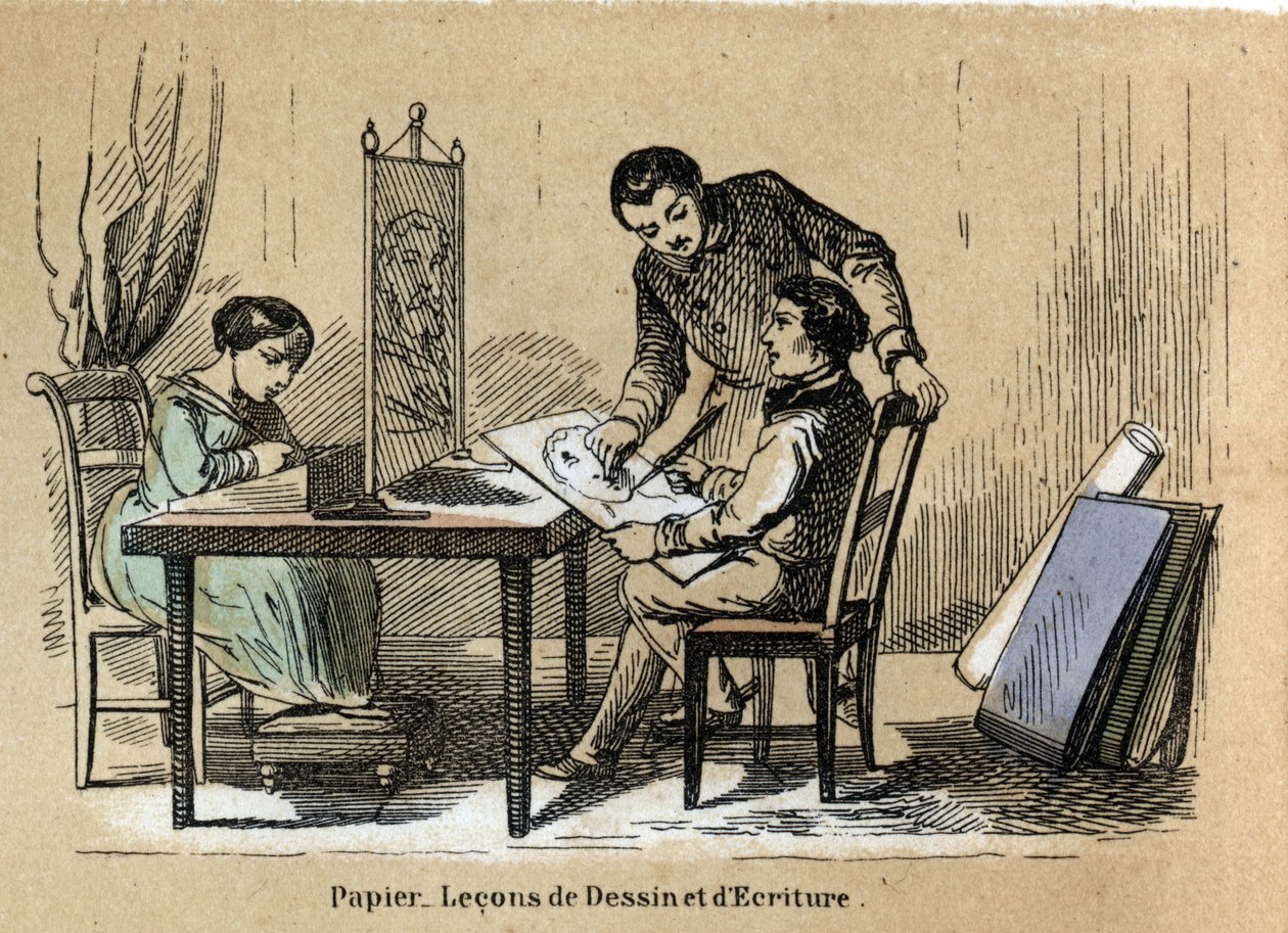 Descrizione dei vari prodotti e usi della carta: una corte di disegno e scrittura. Tavola 