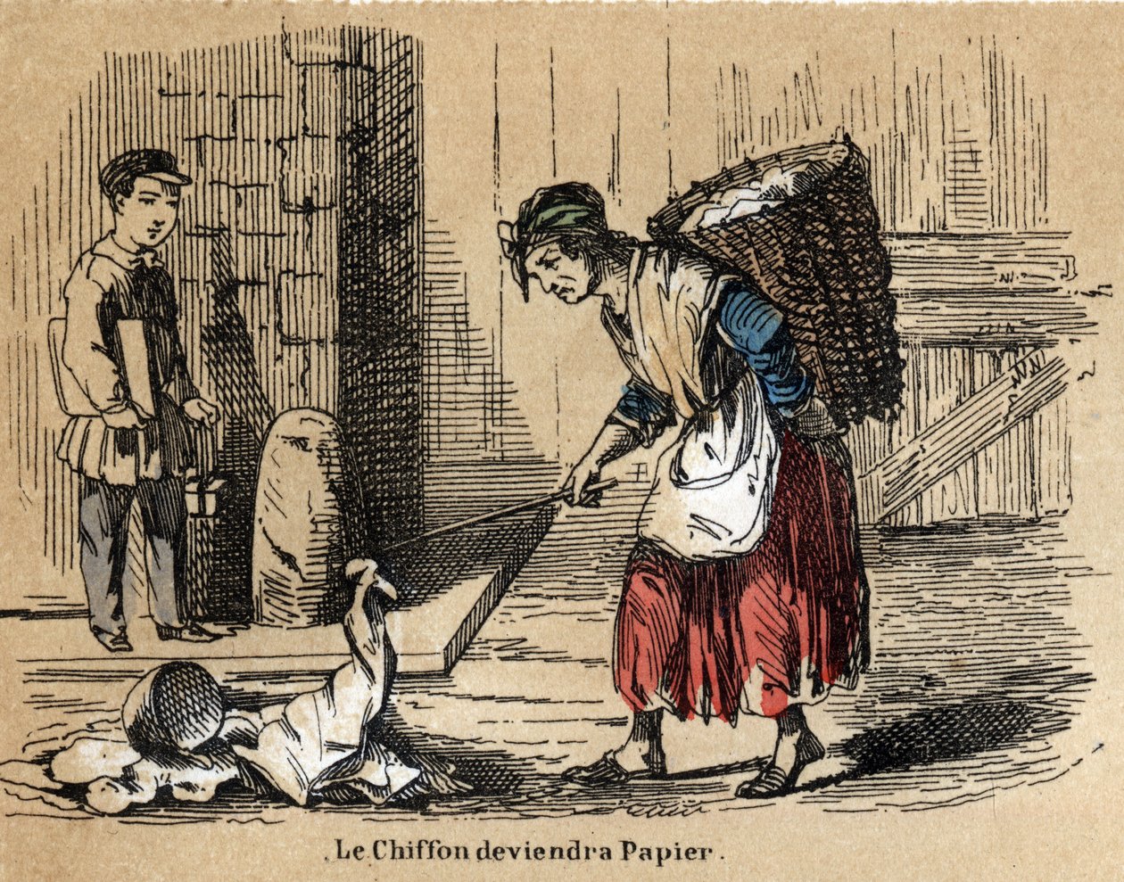 Descrizione dei vari prodotti e usi della carta: la raccolta di vecchi stracci da cui deriva la carta. Tavola "La carta e i suoi prodotti" in "Le ricreazioni istruttive". Dipinto sinottico di Jules Delbruck, incisione del 1860. da French School