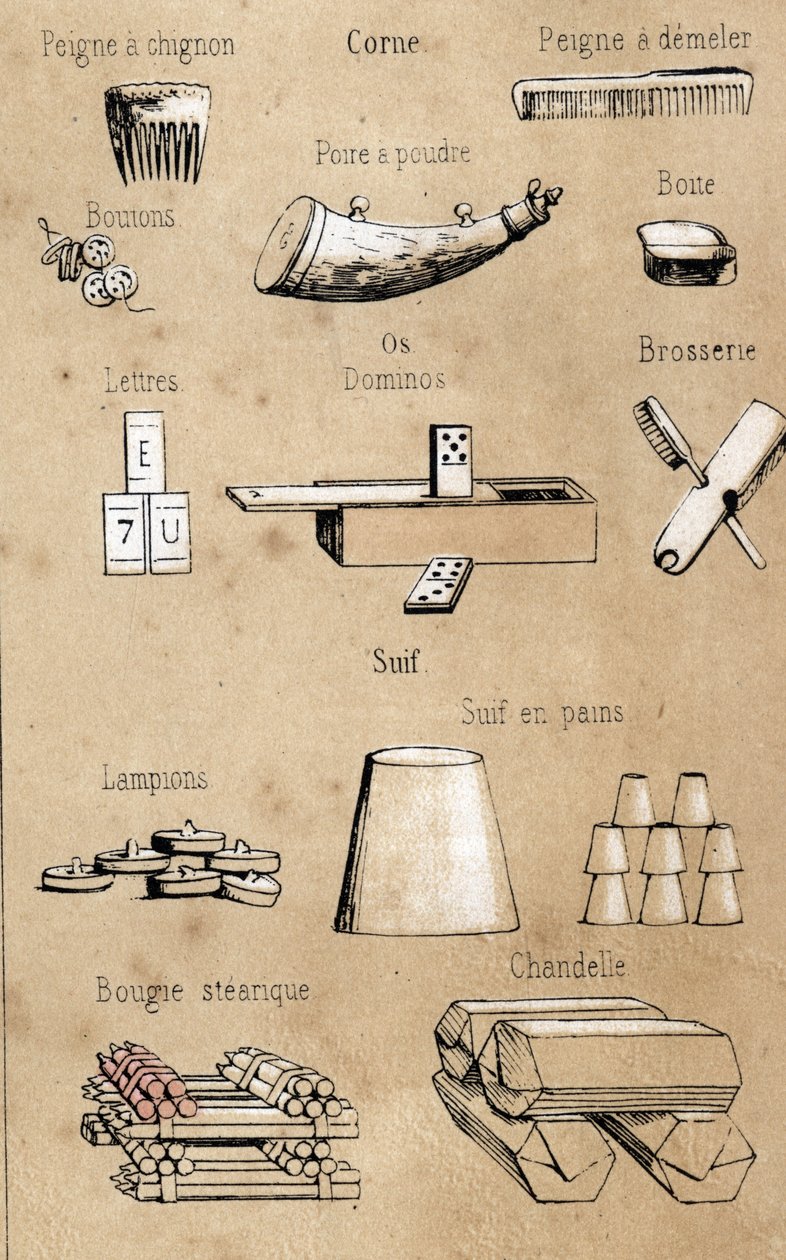 Descrizione dei vari prodotti e usi della mucca: tutti i tipi di oggetti fatti dalla mucca, pettini, giochi e scatole fatte di corno e osso, candele e seguiti. Tavola "La coache et ses produits" in "les Récréations instructives" Sinottico dipinto di Jules  da French School