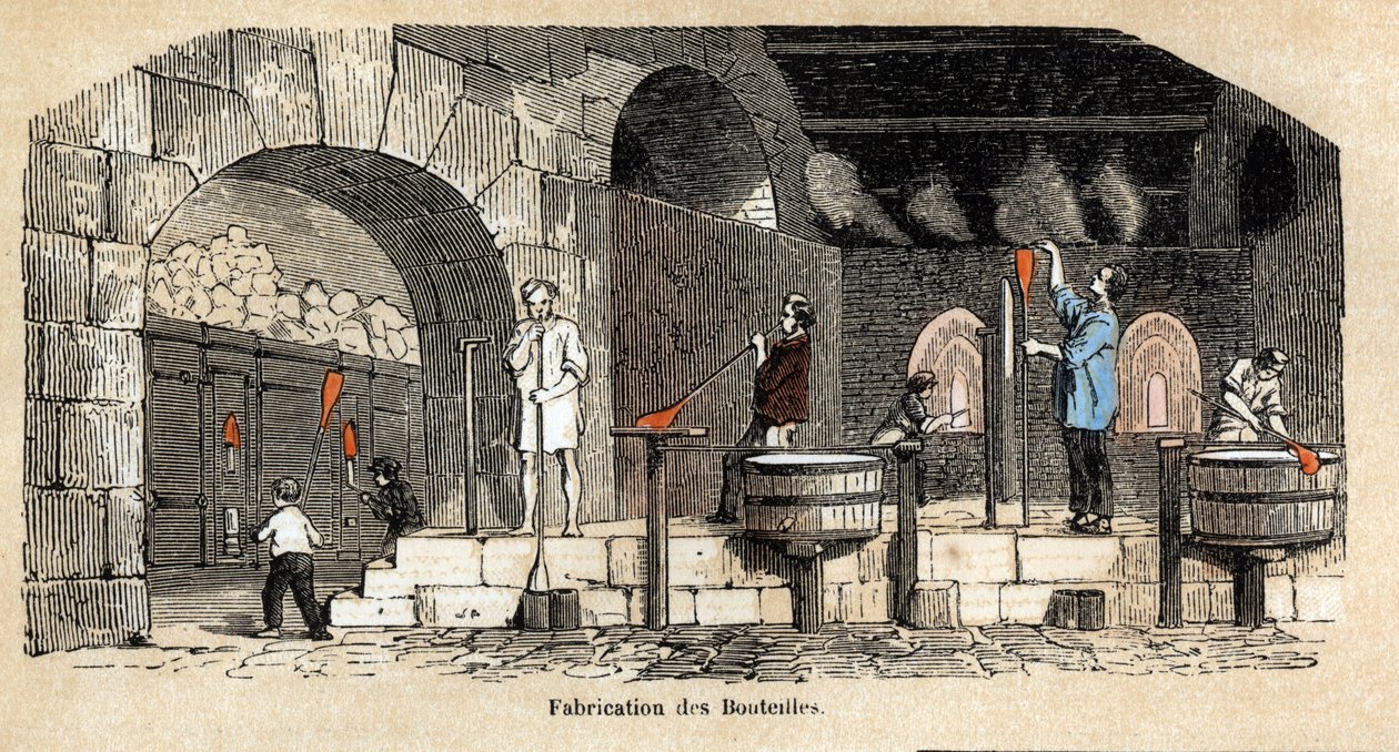 Descrizione delle varie fasi di fabbricazione e usi del vetro: la fabbricazione di bottiglie in un laboratorio di soffiatori di vetro. Tavola "Il vetro e i suoi prodotti" in "Le ricreazioni istruttive". Dipinto sinottico di Jules Delbruck, incisione del 18 da French School