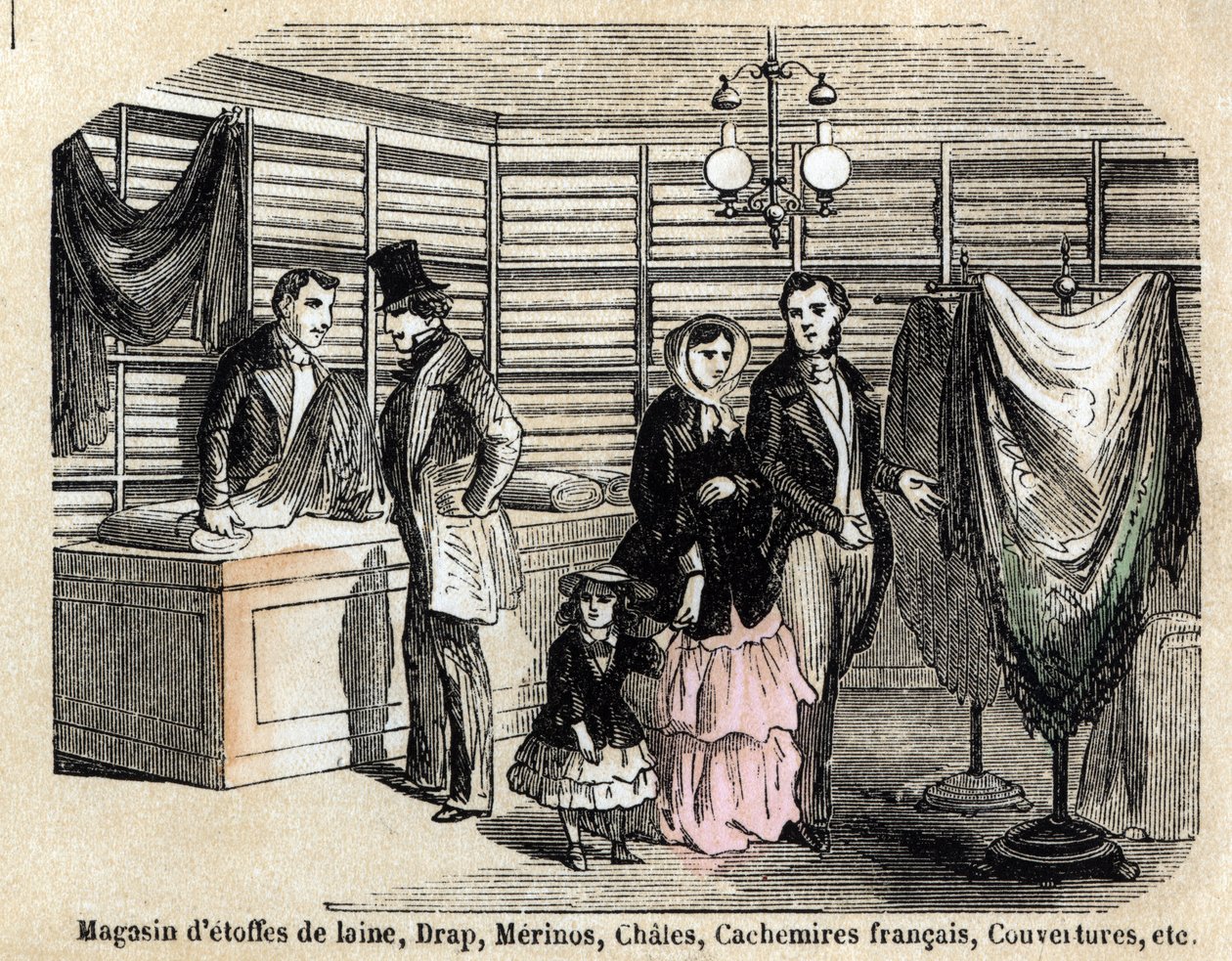 Descrizione dei vari usi e prodotti fatti dalla pecora: vista di un negozio di tessuti di lana e stoffe, lenzuola, cashmere. Tavola "Le pecore" in "Les Recreations instructives". Dipinto sinottico di Jules Delbruck, incisione del 1860. Collezione privata da French School