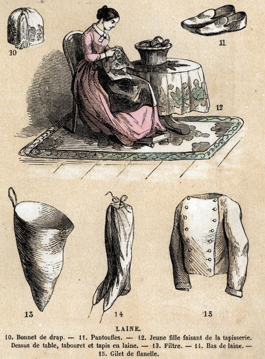Descrizione dei vari usi e prodotti della pecora: arazzi e prodotti di lana, cappello, pantofole, calze di lana, gilet di flanella. Tavola "Le pecore" in "Les Recreations instructives". Dipinto sinottico di Jules Delbruck, incisione del 1860. Collezione p da French School